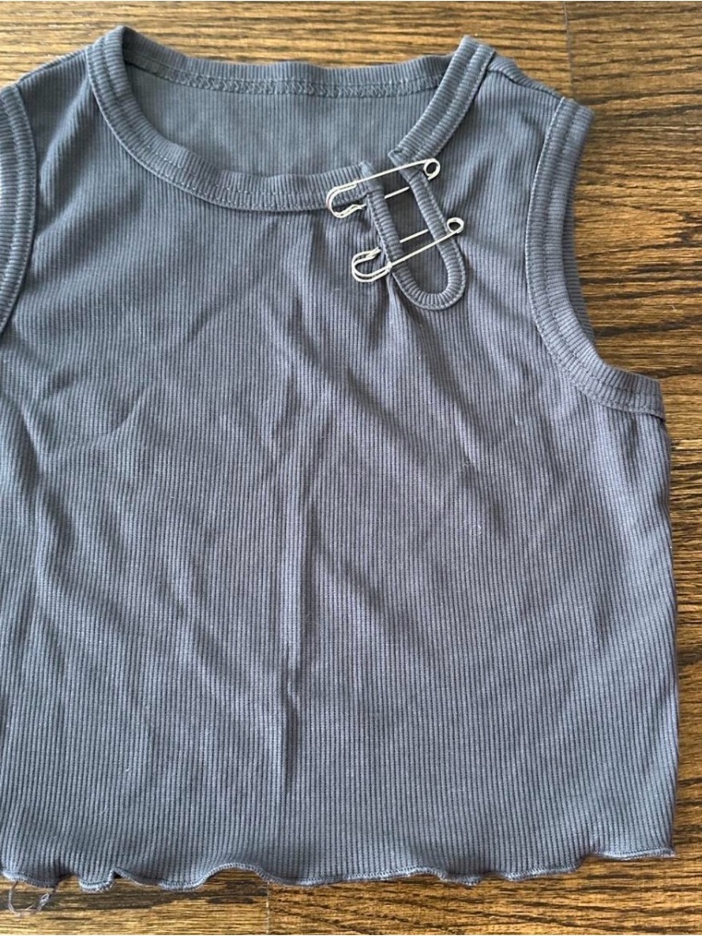 SHEIN Gray Ribbed Tank Top with Safety Pin Accent